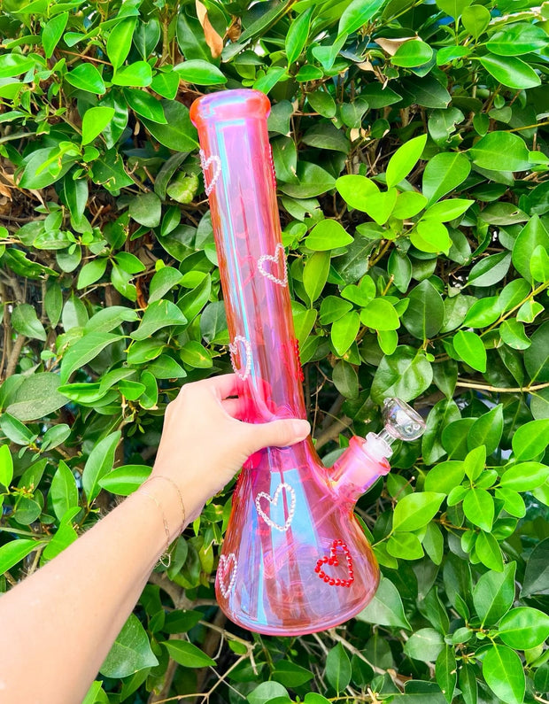 Pretty In Pink Red Crystal Hearts 16in Glass Water Pipe/Bong