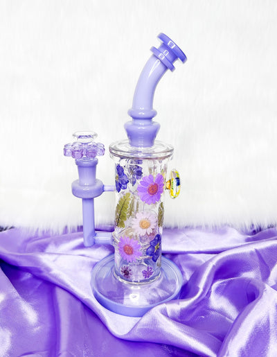 Milky Purple Dried Floral Daisies Water Pipe/Dab Rig