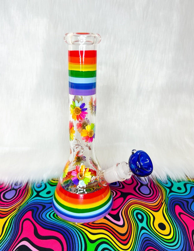 Rainbow Dried Floral Glass Water Pipe/Bong