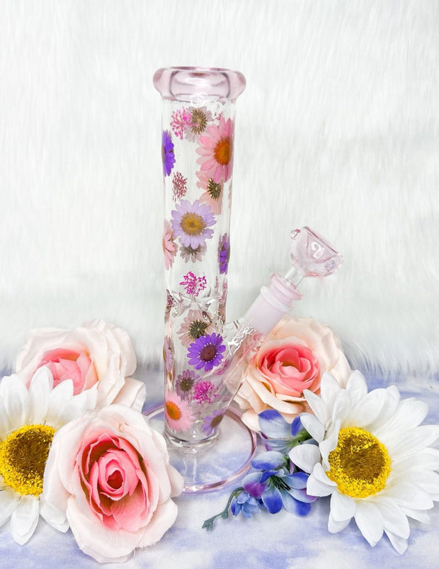 Pink Purple 10 inch Dried Floral Glass Water Pipe/Bong