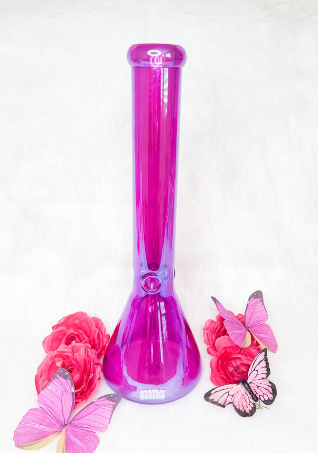 Neon Fuchsia Iridescent 16in Glass Water Pipe/Bong