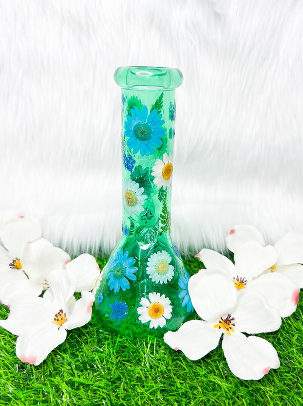 Tiffany Blue Dried Floral Glass Water Pipe/Bong