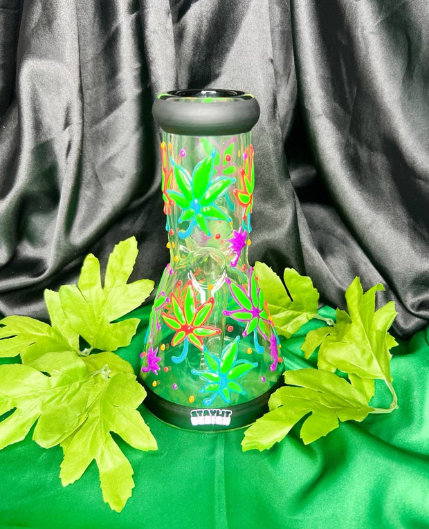 Glow In The Dark Neon Hand Painted Weed Leaves Beaker Glass Water Pipe/Bong