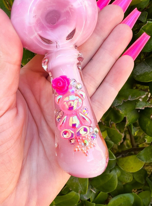 Pink Crystal Bear Glass Hand Pipe