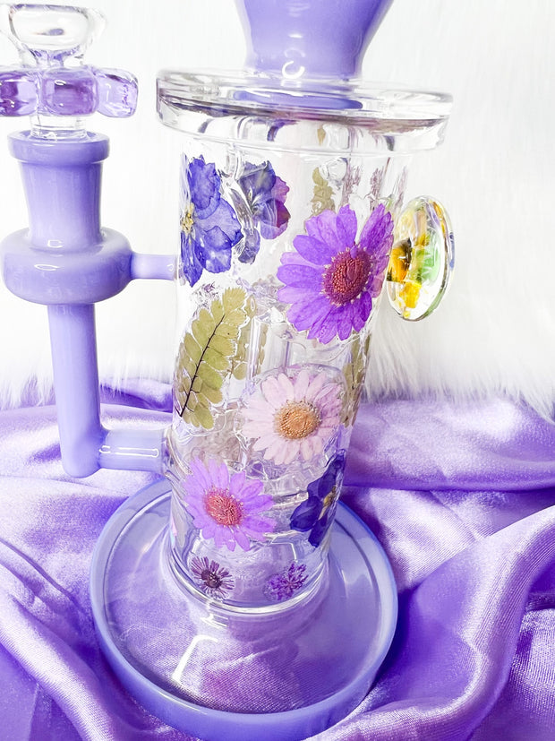 Milky Purple Dried Floral Daisies Water Pipe/Dab Rig