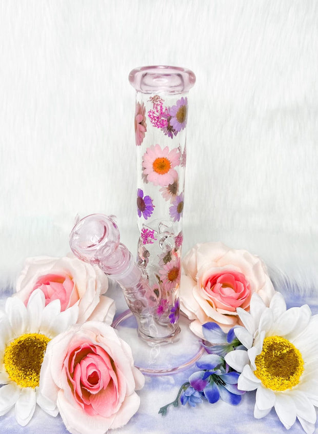 Pink Purple 10 inch Dried Floral Glass Water Pipe/Bong