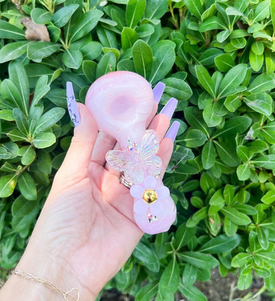 Pink Butterfly Pink Daisy Glass Hand Pipe