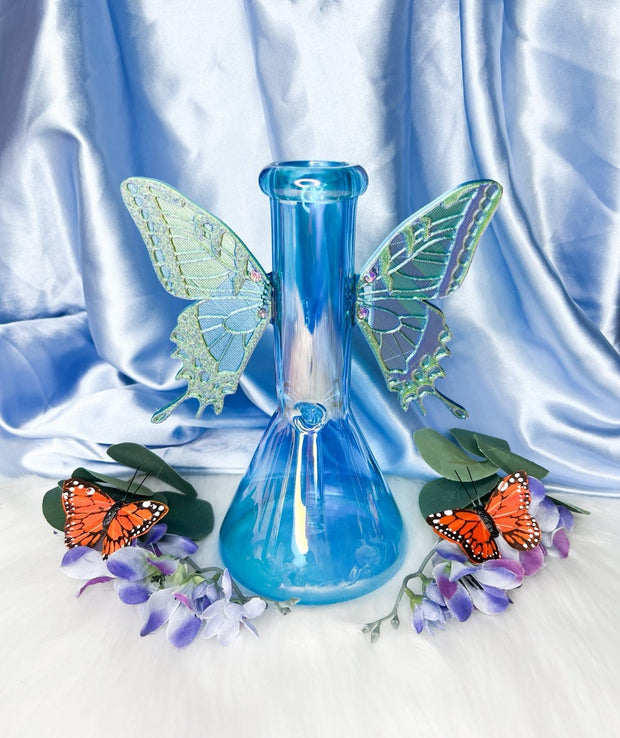 Neon Blue Butterfly Wings Water Pipe/Bong