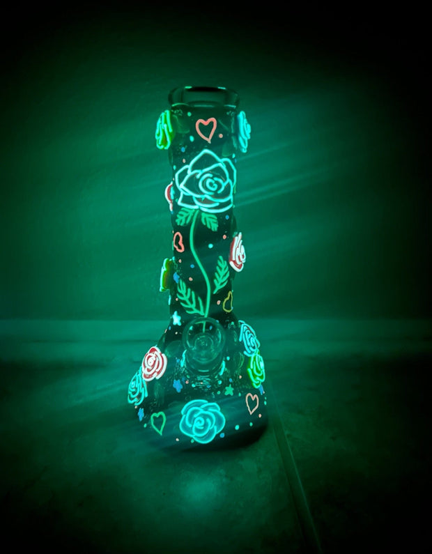 Glowing Roses 10in Glass Water Pipe/Bong