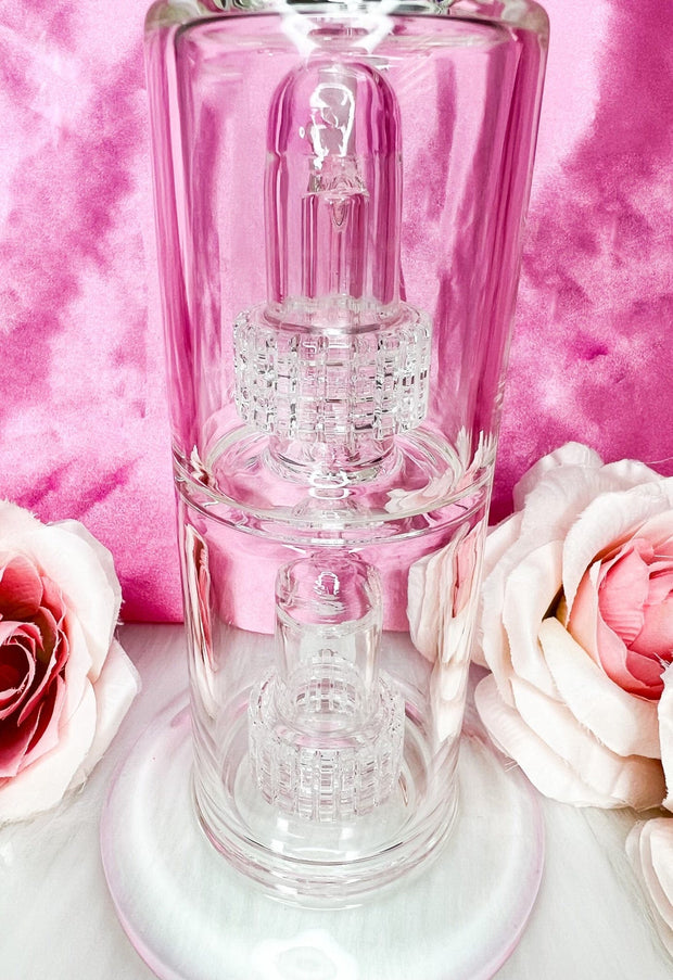 Cute Pink Double Perc Glass Water Pipe/Dab Rig