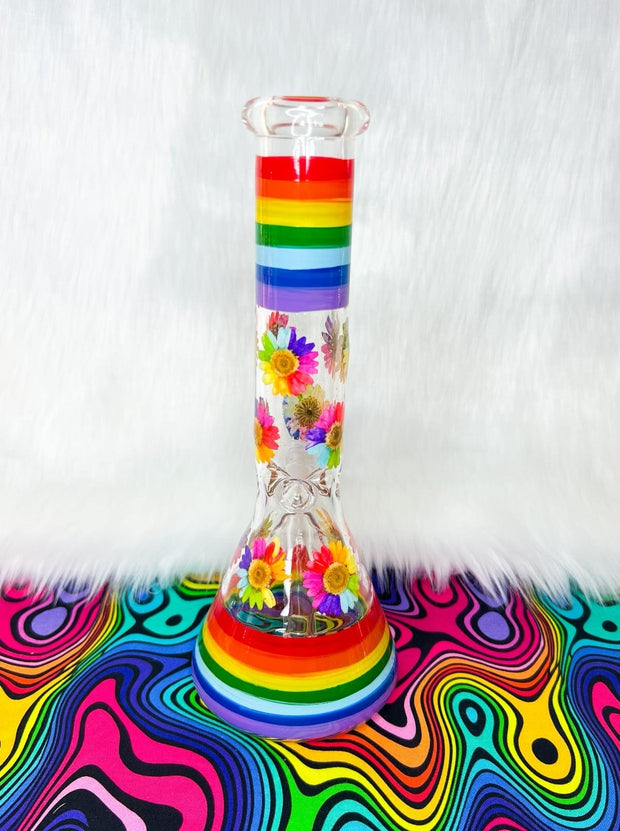 Rainbow Dried Floral Glass Water Pipe/Bong