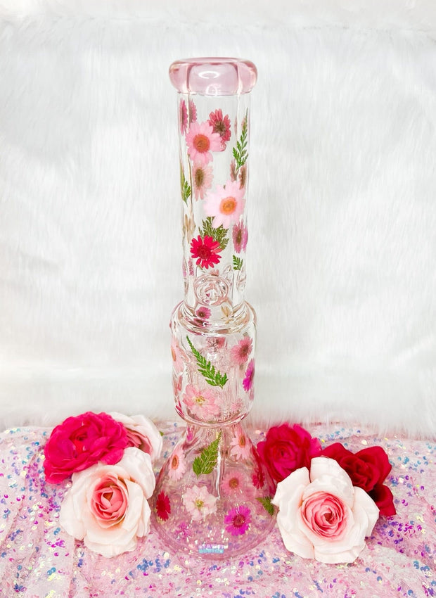 Pink Dried Floral 18 inch Glass Water Pipe/Bong