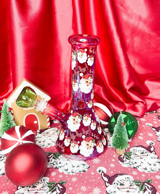 Red Iridescent Santa 8in Glass Water Pipe/Bong