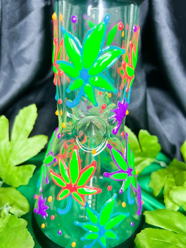 Glow In The Dark Neon Hand Painted Weed Leaves Beaker Glass Water Pipe/Bong