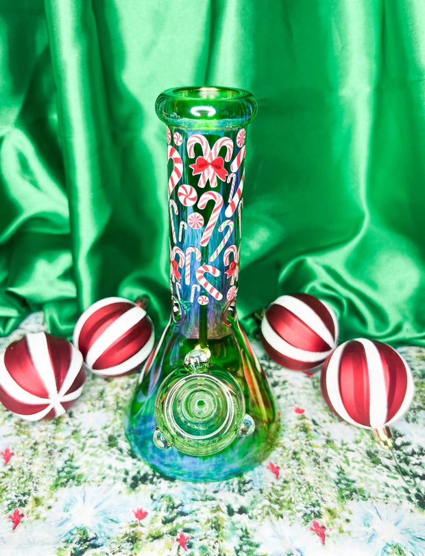 Green Candy Canes 8in Glass Water Pipe/Bong