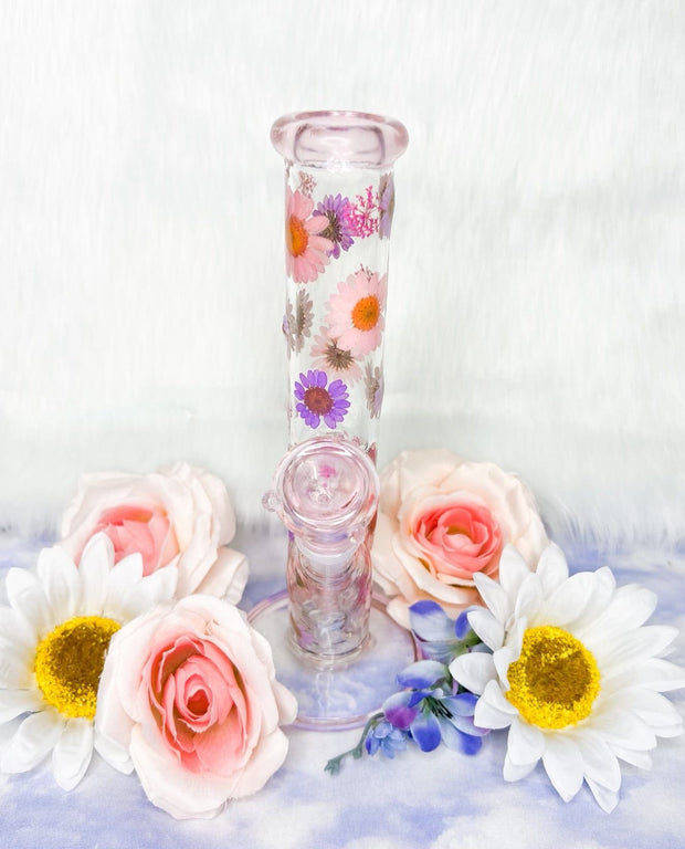 Pink Purple 10 inch Dried Floral Glass Water Pipe/Bong