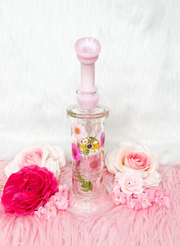 Milky Pink Dried Floral Daisies Water Pipe/Dab Rig