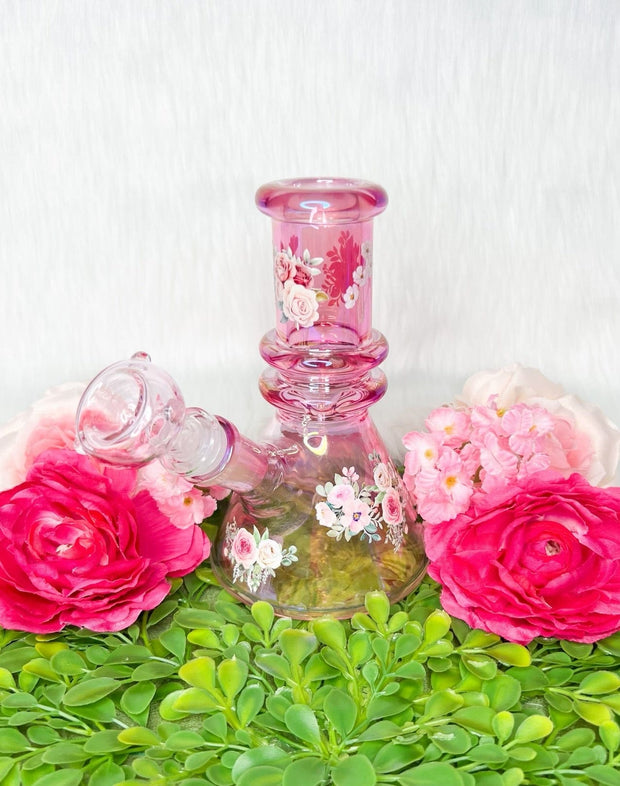 Pink Roses Iridescent Glass Water Pipe/Bong