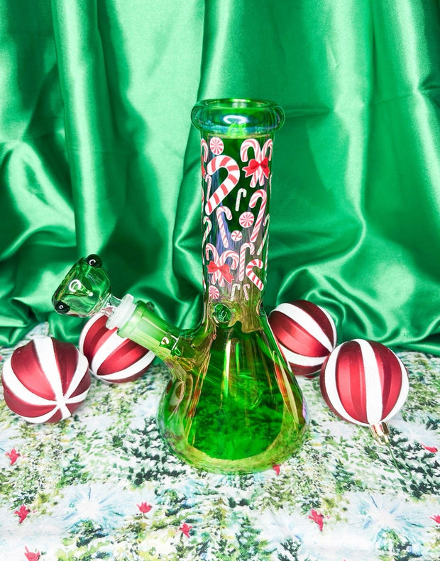 Green Candy Canes 8in Glass Water Pipe/Bong