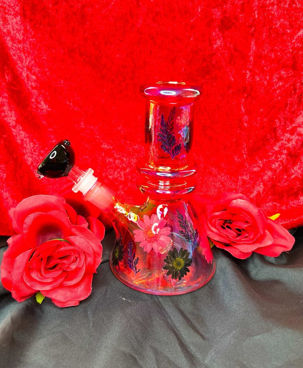 Red Black Dried Floral Glass Water Pipe/Bonga