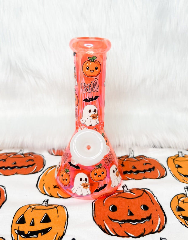 Orange Pumpkins & Ghosts 8in Glass Water Pipe/Bong