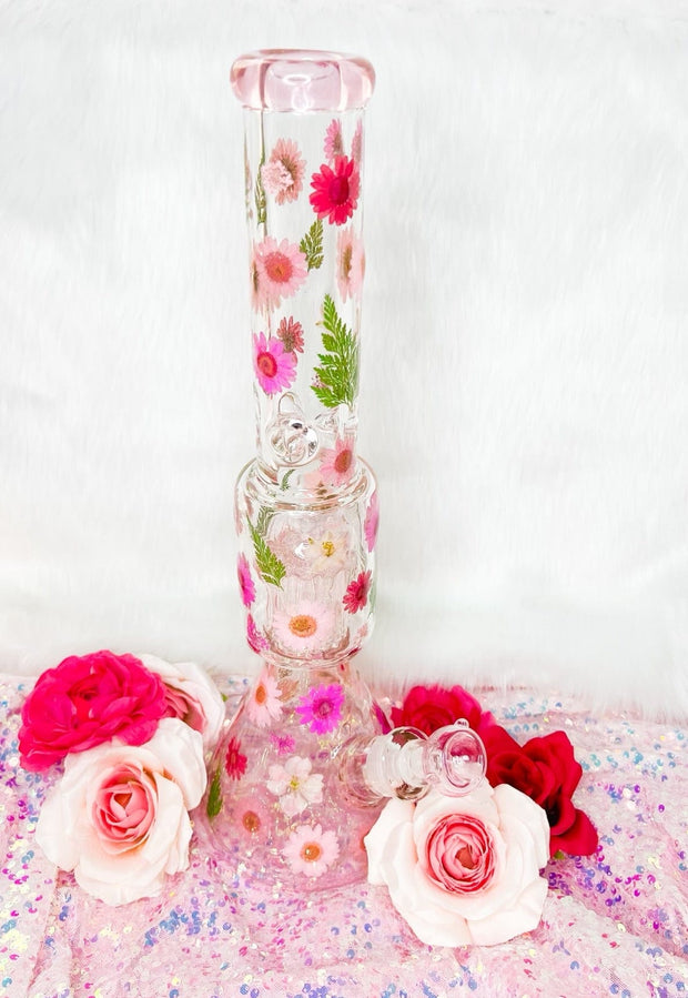 Pink Dried Floral 18 inch Glass Water Pipe/Bong