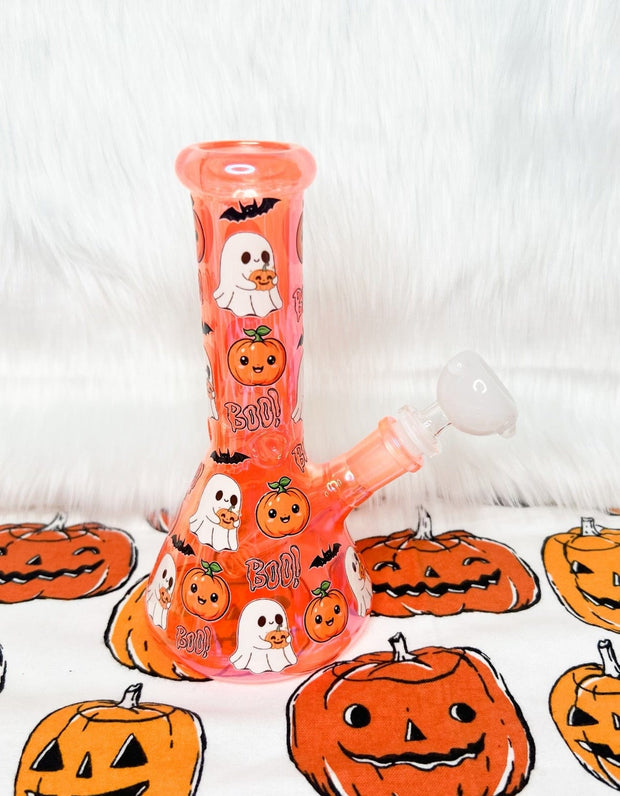 Orange Pumpkins & Ghosts 8in Glass Water Pipe/Bong