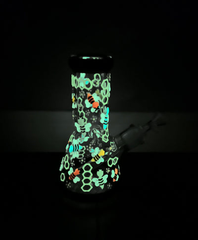 Glow In The Dark Neon Bees Hand Painted Beaker Glass Water Pipe/Bong