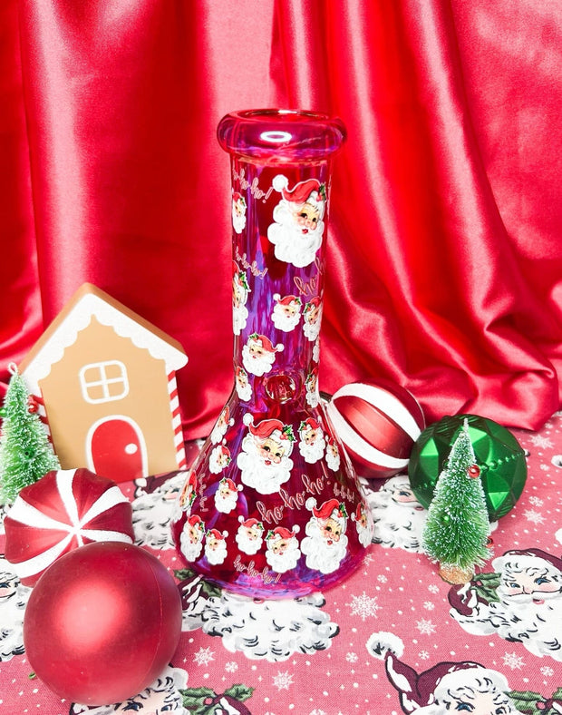 Red Iridescent Santa 8in Glass Water Pipe/Bong