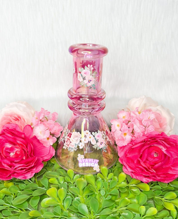 Pink Roses Iridescent Glass Water Pipe/Bong