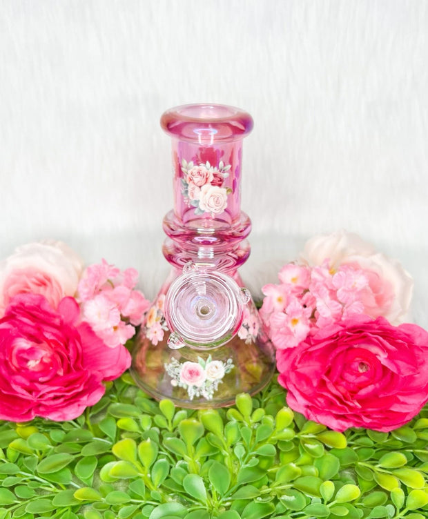 Pink Roses Iridescent Glass Water Pipe/Bong