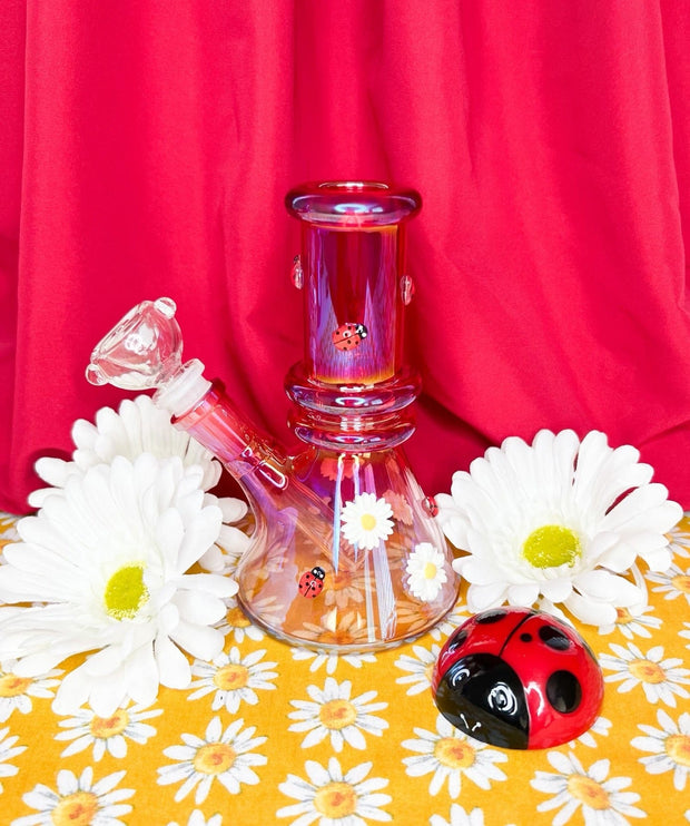 Red Ladybug Daisies Glass Water Pipe/Bong