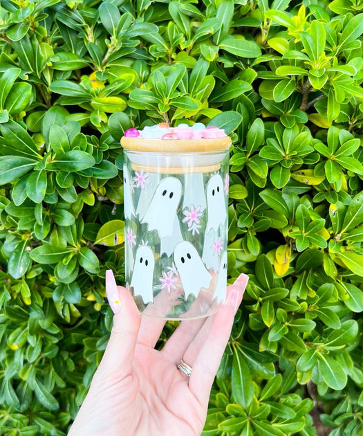 Ghosts & Pink Daisies Stash Jar For Sale Halloween Container