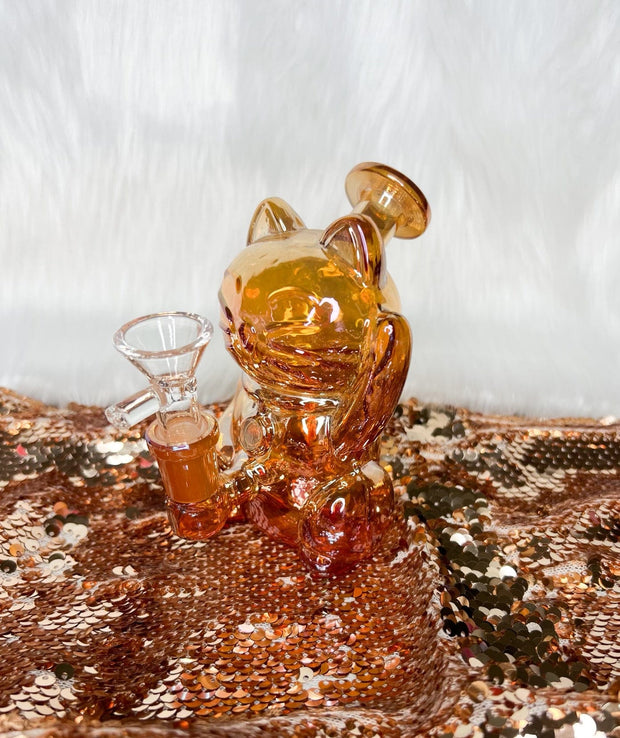 Iridescent Lucky Cat Glass Water Pipe/Dab Rig