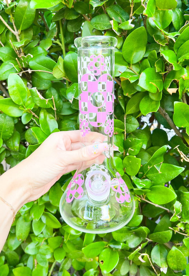 Pink Checkered Daisies 10in Glass Water Pipe/Bong