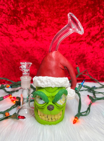 Grumpy Grinchy Fiend Bent Neck Glass Water Pipe/Rig