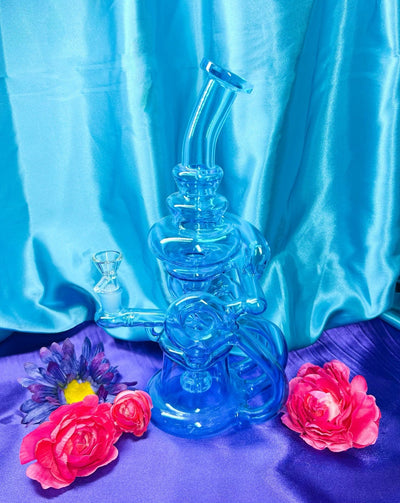 Neon Blue Recycler Glass Water Pipe/Dab Rig