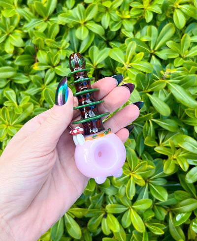 Mother Earth Pink Mushroom Tree Glass Hand Pipe