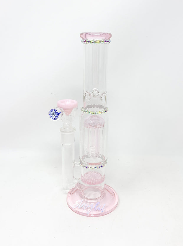 Pink Crystal Double Perc Glass Water Hand Pipe/Dab Rig