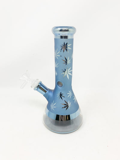 Blue Metallic Weed Leaves Beaker Glass Water Pipe 8.5in Bong