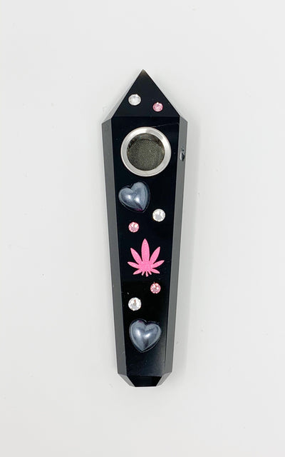 Black Obsidian Crystal Hand Pipe Pink Leaf Swarovski