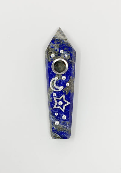 Lapis Lazuli Crystal Hand Pipe Moon and Star Swarovski