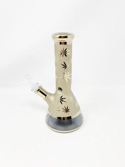 Gold Metallic Weed Leaves Beaker Glass Water Pipe 8.5in Bong