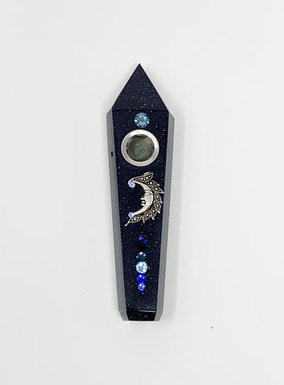 Blue Goldstone Crystal Hand Pipe Moon