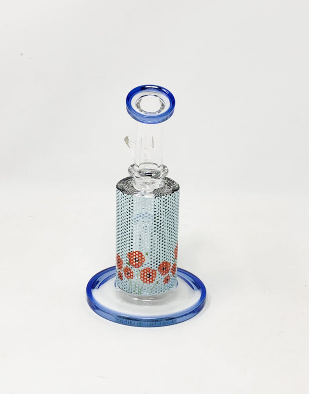 Red Floral Perforated Vinyl 6.5in Bent Neck Glass Water Hand Pipe/Dab Rig