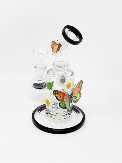 Black Floral Butterflies Bent Neck Glass Water Hand Pipe/Dab Rig