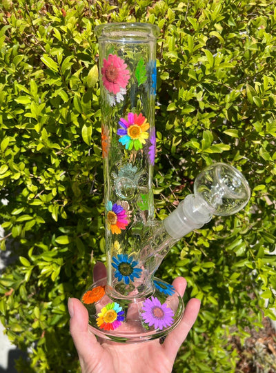 Rainbow Floral 10in Straight Tube Glass Water Pipe/Bong