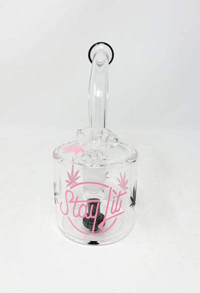 Pink StayLit Glitter Weed Leaves 6in Barrell Glass Water Hand Pipe/Dab Rig