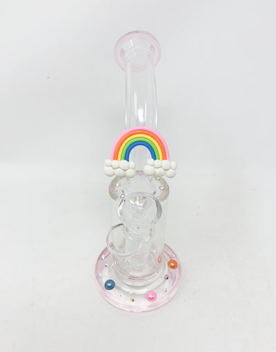 Pink StayLit Rainbow Swarovski Crystal Pearls 8.5in Bent Neck Glass Water Hand Pipe/Dab Rig