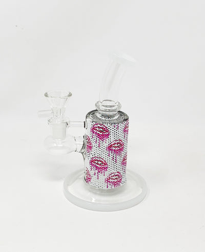 Pink Lips Drip Perforated Vinyl 6.5in Bent Neck Glass Water Hand Pipe/Dab Rig